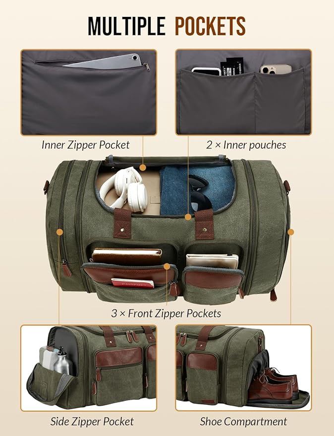 Canvas Duffle Bag for Travel 50L Expandable Travel Duffel Bags for Men Women Overnight Weekend Gym Bag with Shoes Compartment - Army Green