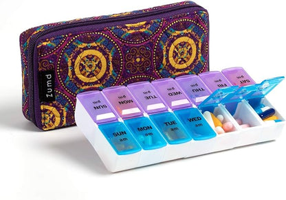 Weekly Pill Organizer 2 Times a Day, Zumd Pill Box 7 Day with Cute Quilted Fabric Zipper Case, Travel Pill Case Am Pm for Vitamin Medicine Organizer