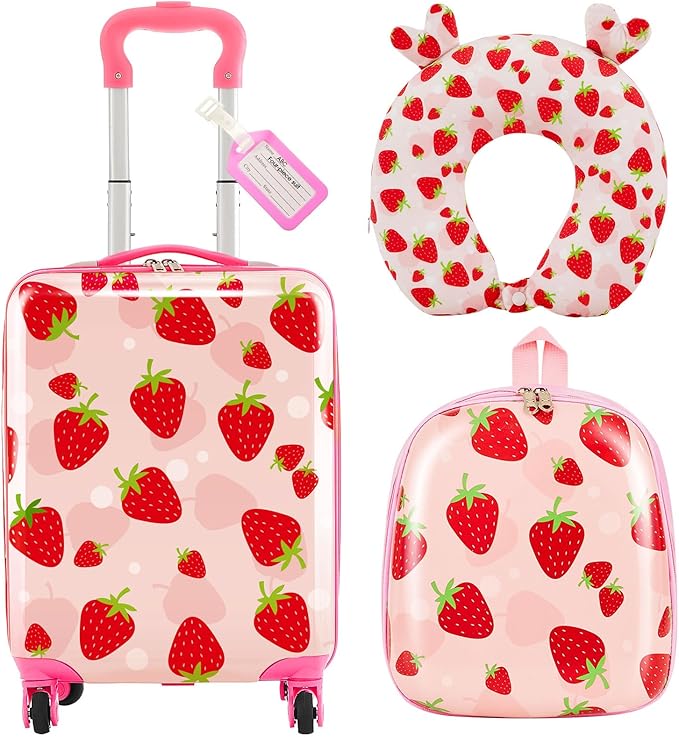 Sanwuta 4 Pcs Kids Luggage Set Backpack Travel Rolling Suitcase U-shape Pillow Christmas Children Gift for Girls Boys(17 Inch,Strawberry Style,Light Pink)