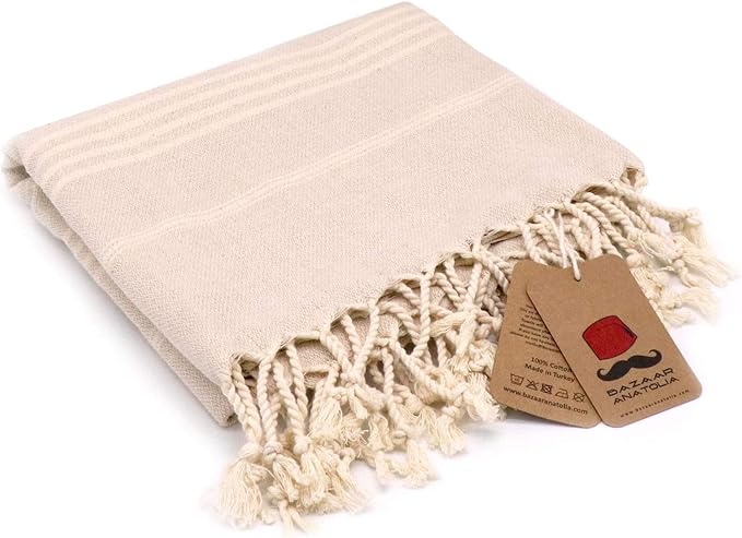Bazaar Anatolia Slim Line Turkish Towel 100% Cotton Peshtemal Beach Towel 76x38 Thin Lightweight Travel Camping Bath Sauna Gym Pool Blanket Quick Dry Towels (Cream) - Made in Turkiye