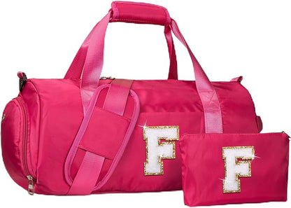 Teenager Girl Gift Ideas, Girls Travel Duffel Bag, Kids Initial Overnight Bags with Shoe Compartment, Customized Sport Gym Weekender Bag with Makeup Pouch, Preppy Stuff (Letter F)