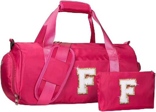 Teenager Girl Gift Ideas, Girls Travel Duffel Bag, Kids Initial Overnight Bags with Shoe Compartment, Customized Sport Gym Weekender Bag with Makeup Pouch, Preppy Stuff (Letter F)