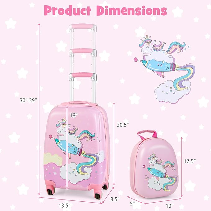 KOTEK Kids Carry On Luggage Set, 18" Hardside Rolling Suitcase with Spinner Wheels, Travel Rolling Luggage for Boys Girls (Pink Unicorn)
