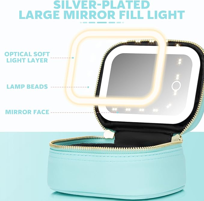 Small Makeup Bag with Led Mirror, Mini Travel Make up Bag 3 Light Modes Adjustable Brightness, for Women Organizer Cosmetic Bag, Portable Travel Train Toiletry Bag, for Pool Parties Work Touch-Ups