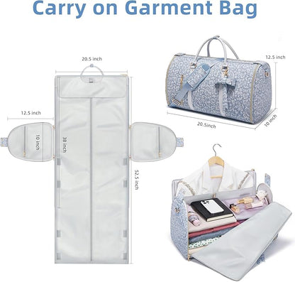 Travel Garment Bag for Women, Foldable Carry On Garment Duffle Bag 20.5x10x12.5 Inch, Convertible Overnight Bags with Shoe & Toiletry Pockets for Business Trip, Vacation, Party, Blue-White