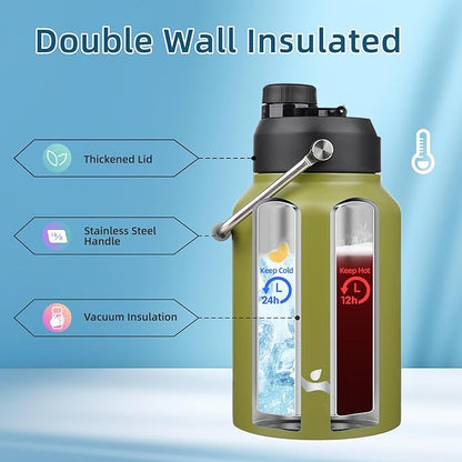 Half Gallon Jug with Handle,64 oz Insulated Water Bottle with Carrying Pouch,Double Wall Vacuum Stainless Steel Metal Bottle,Forest Green