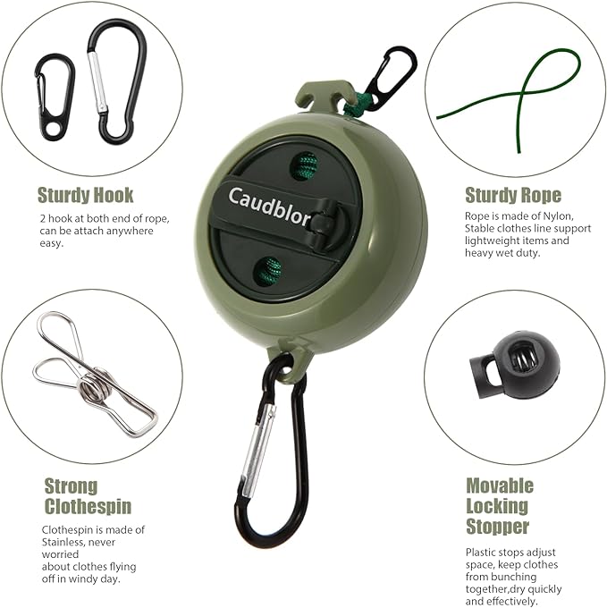 Portable Travel Clothesline Cord, Caudblor Adjustable 33ft Camping Clothes line, Laundry Drying Rope for Hotel Trip, Cruise, Outdoor/Indoor, with 12Pcs Stoppers, Windproof Clothespins