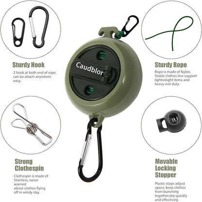 Portable Travel Clothesline Cord, Caudblor Adjustable 33ft Camping Clothes line, Laundry Drying Rope for Hotel Trip, Cruise, Outdoor/Indoor, with 12Pcs Stoppers, Windproof Clothespins