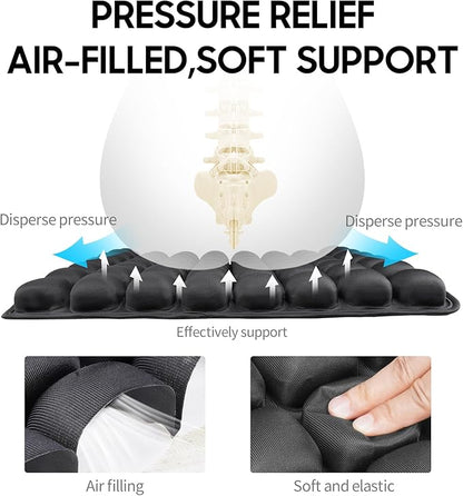 Inflatable Seat Cushion - Portable Travel Cushion for Airplane, Office & Camping - Adjustable Support with Pressure Dispersion to Prevent Discomfort & Bedsore-Black