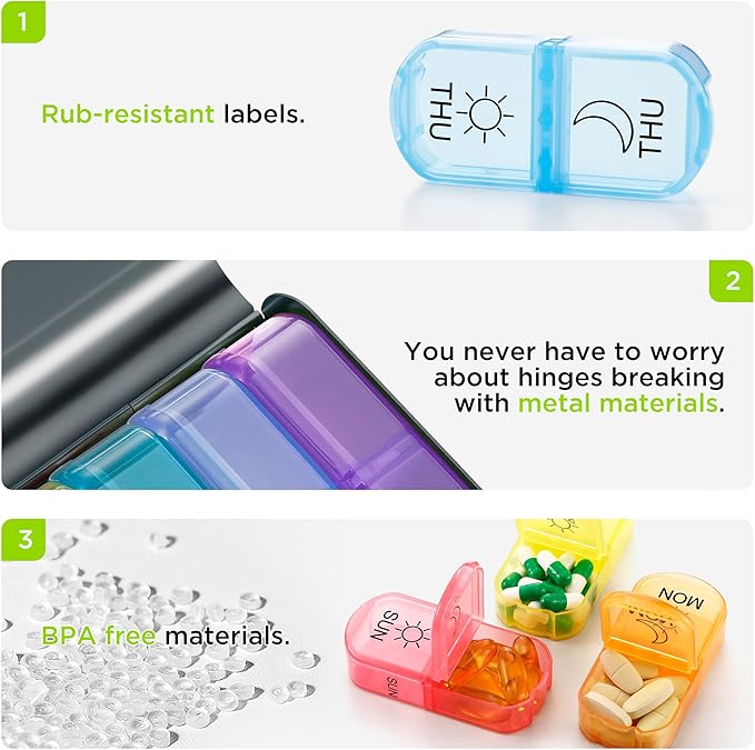 Zannaki Metal XL Weekly Pill Organizer 2 Times a Day, Large Travel Daily Pill Box 7 Day, Portable Week Twice Pill Holder Container, AM PM Pill Case for Medicine Vitamin Medication Supplement, Grey