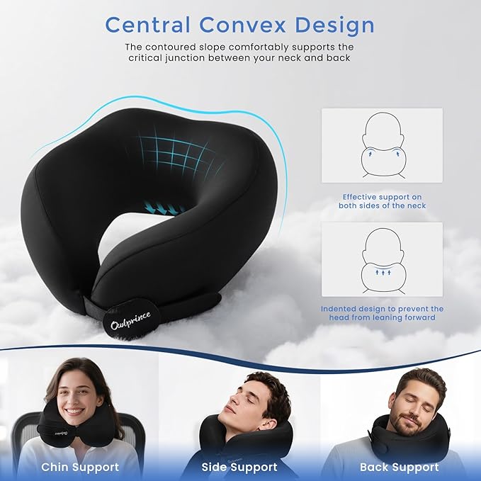 Travel Neck Pillow for Airplane, Neck Travel Pillow, Upgraded Soft 100% Pure Memory Foam - Lightweight and Stowable - Ergonomic Design for Long Flights, Car, Train, Office Use