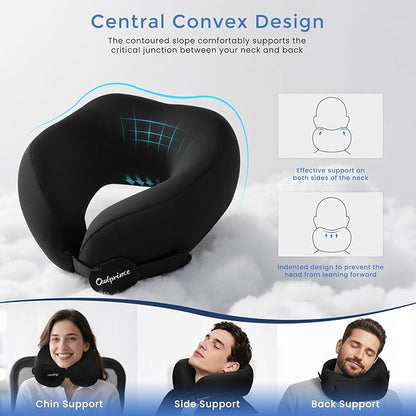 Travel Neck Pillow for Airplane, Neck Travel Pillow, Upgraded Soft 100% Pure Memory Foam - Lightweight and Stowable - Ergonomic Design for Long Flights, Car, Train, Office Use