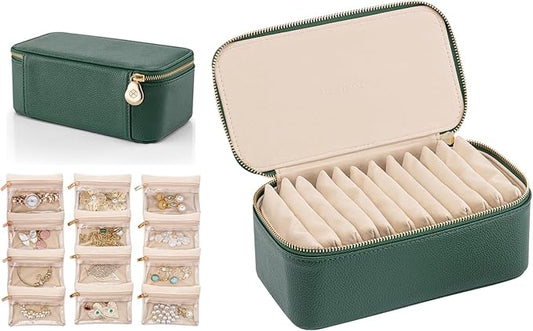 Vlando Travel Jewelry Box Organizer - 12 Small Velvet Zipped Pouches Pockets for Jewelries Necklaces Rings Earrings Sorting Storage, Dark Green