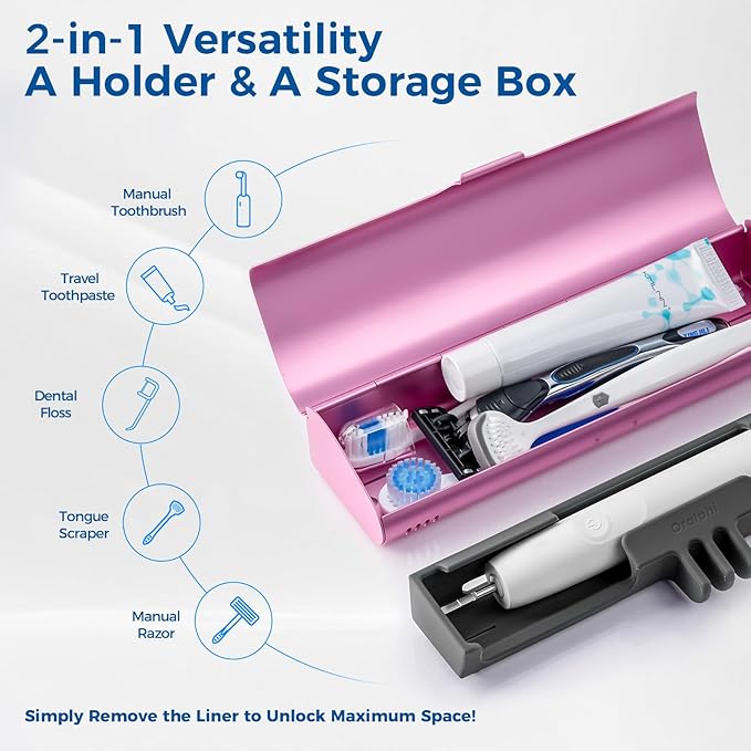Aluminum Electric Toothbrush Travel Case, 2 in 1 Travel Toothbrush Holder for Oral B/Oral-B Pro 1000 1500 5000 7000 and Most Electric Toothbrush for Traveling, Removable Silicone Liner-Pink