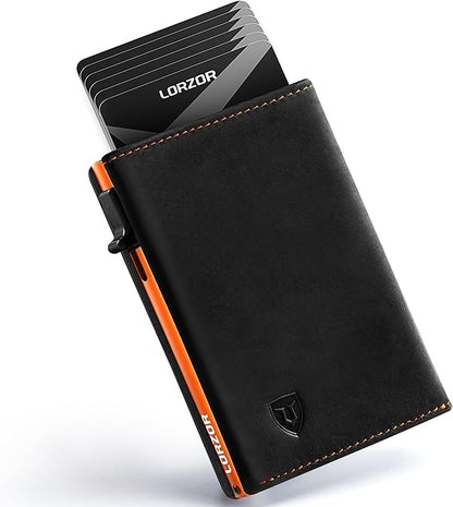 LORZOR Wallet for Men with Metal Card Holder, Pop Up Wallet, Finest Full Grain Leather Trifold Wallet, Smart, Minimalist, RFID Blocking, Front Pocket, ID Window, Black/Orange