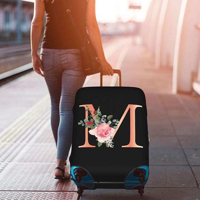 Floral Letter M Travel Luggage Cover Spandex Suitcase Protector Elastic Washable Stretch Suitcase Cover,Size S(Fit 18-21inch Suitcase)