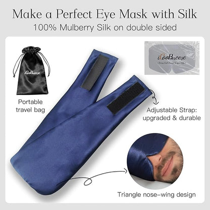 100% Natural Silk Eye Mask for Women Men, Soft Pressureless Cooling Blackout Eye Covers for Sleeping, Large Size Sleep Mask fits All Heads Adjustable, 1PC, Navy Blue