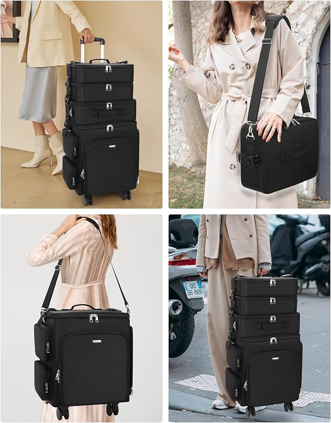 Relavel Rolling Makeup Case, 4 in 1 Hairstylist Traveling Bag Cosmetology Case on Wheels Large Hair Tools Cosmetics Train Case Makeup Artist Storage Organizer Trolley Suitcase with 360° Swivel Wheels