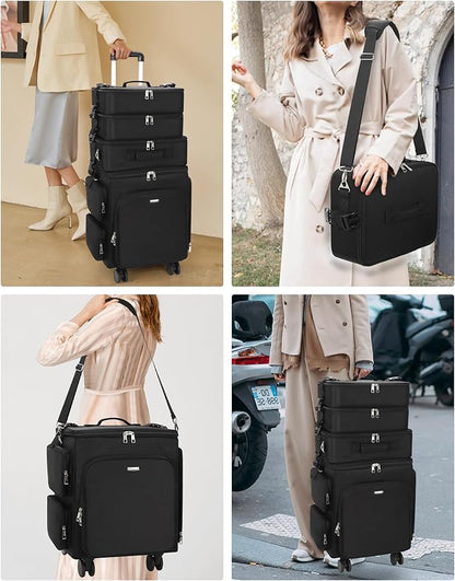 Relavel Rolling Makeup Case, 4 in 1 Hairstylist Traveling Bag Cosmetology Case on Wheels Large Hair Tools Cosmetics Train Case Makeup Artist Storage Organizer Trolley Suitcase with 360° Swivel Wheels