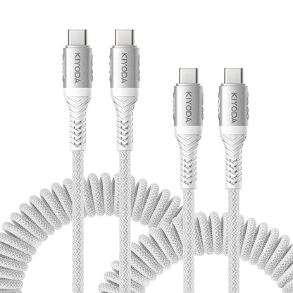 Coiled USB C to C Cable for Car 3ft,2Pack Braided USB Type C Cable for Car 66W Fast Charging Cord Compatible with iPhone 17 16 15, iPad, Samsung Galaxy, Google Pixel, Moto, LG, TCL Phones-Silver