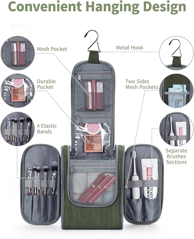 Narwey Small Hanging Travel Toiletry Bag Cosmetic Make up Organizer for Women and Men (Medium, Army Green)