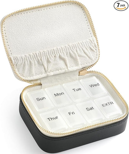 Genuine Leather Travel Pill Organizer Box Case 1 Times a Day for Purse for Women, Cute Medicine Pill Holder Containers for Vitamin Small Weekly Daily 7 Day Am Pm Pill Organizer(Black)