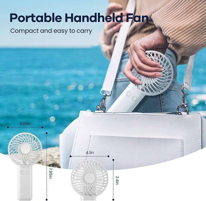 HandFan 5200mAh Portable Handheld Fan, Rechargeable Hand Fan, Battery Operated 8.5-27hrs, Personal USB Foldable Fan, Travel Essential Gifts for Women/Girls/Friends (White)