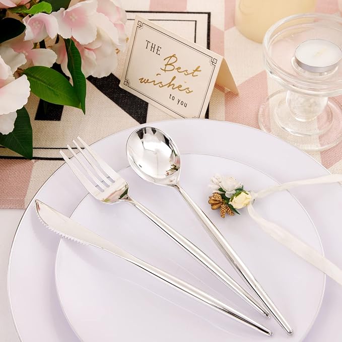 LUODA 30 Pack Pre Rolled Silver Plastic Silverware, Heavy Duty Wrapped Disposable Cutlery Set Includes 30 Forks, Knives, Spoons & Linen Napkins, Silver Flatware Set for Party
