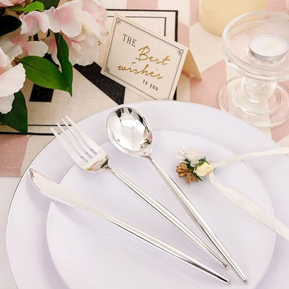 LUODA 30 Pack Pre Rolled Silver Plastic Silverware, Heavy Duty Wrapped Disposable Cutlery Set Includes 30 Forks, Knives, Spoons & Linen Napkins, Silver Flatware Set for Party