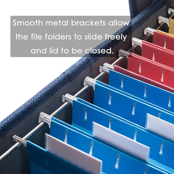 PRANDOM File Organizer Box - Set of 2 Collapsible Decorative Linen Filing Storage Hanging File Folders with Lids Office Cabinet Letter Size Navy Blue (14x9.3x10.8 inch)