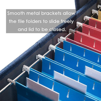 PRANDOM File Organizer Box - Set of 2 Collapsible Decorative Linen Filing Storage Hanging File Folders with Lids Office Cabinet Letter Size Navy Blue (14x9.3x10.8 inch)