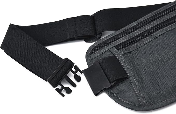 RFID Blocking Money Belt for Men Women, Slim Fanny Pack for Travel，Running,Conceal Waist Wallet for Passport Holder,Phone,Cash(Black Dark Grey)