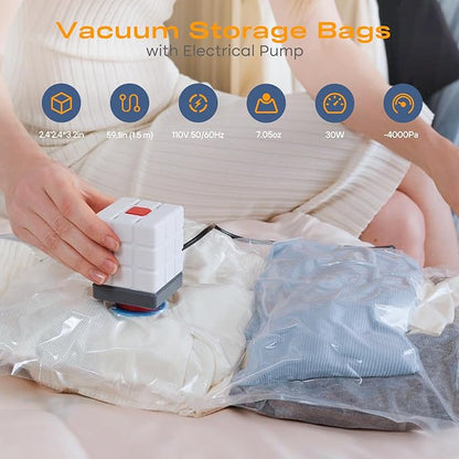 Vacuum Storage Bags for Clothing, 26 Pack Vacuum Seal Bags (5 Jumbo, 5 Large, 5 Medium, 8 Small, 3 Roll) for Clothes Comforters Blankets, Space Saver Bag with Electric Pump (2025 Upgrade)