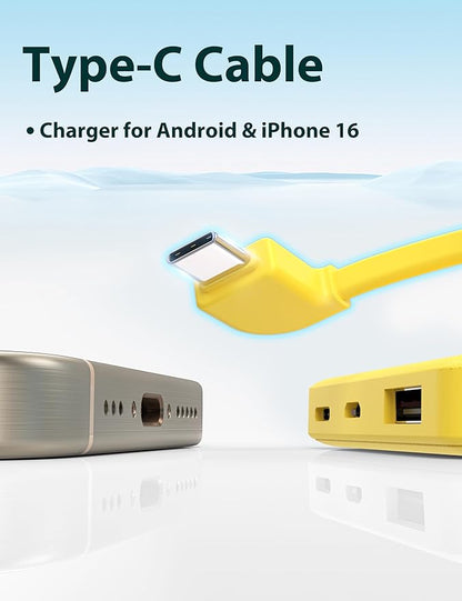 miisso 6000mah Ultra Slim Built in Cables Power Bank, Card Size Built in USB C Cords Battery Pack Portable Charger for Phones, 3 Output External Battery Pack Compatible with iPhone, Yellow