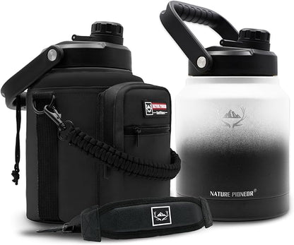 NATURE PIONEOR Insulated Water Bottles with Strap Pouch - 84 oz Stainless Steel Vacuum Bottle with Holder/Carrier/Sleeve - 18/8 Food Grade 84oz Water Jug