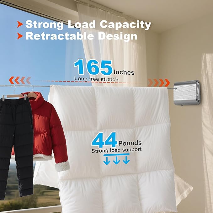 Retractable Clothesline, Anti-Sagging Portable Heavy Duty Washing Line for Indoor and Outdoor (Grey)