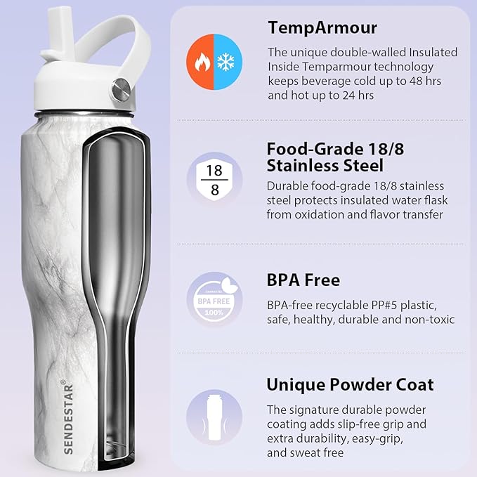 SENDESTAR 40oz Stainless Steel Water Bottle(Cold for 48 Hrs, Hot for 24 Hrs),Double Wall Vacuum Insulated Bottle with Straw Lid, Spout Lid and Flex Cap, Fit in Any Car Cup Holder,Marbling