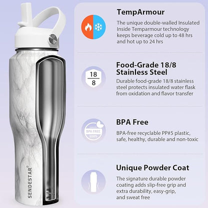 SENDESTAR 40oz Stainless Steel Water Bottle(Cold for 48 Hrs, Hot for 24 Hrs),Double Wall Vacuum Insulated Bottle with Straw Lid, Spout Lid and Flex Cap, Fit in Any Car Cup Holder,Marbling