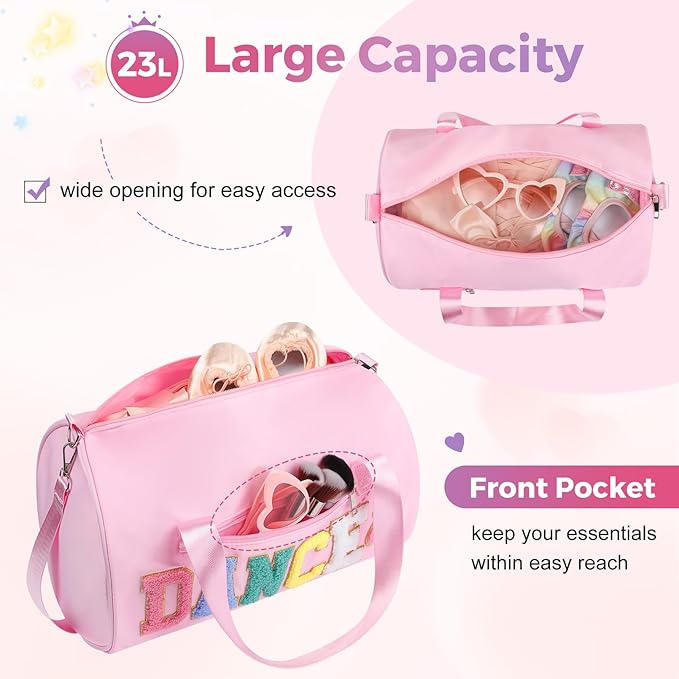 Dance Bag for Girls, KUIRAN 23L Waterproof Travel Duffel Bag with Colorful Chenille Letter, Lightweight Small Gym Sport Ballet Bag with Large Main Compartment 15"Lx9"Wx9"H - Light Pink