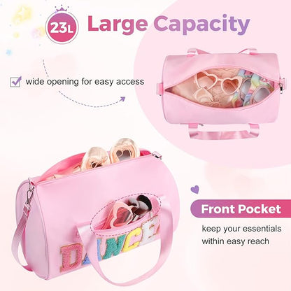 Dance Bag for Girls, KUIRAN 23L Waterproof Travel Duffel Bag with Colorful Chenille Letter, Lightweight Small Gym Sport Ballet Bag with Large Main Compartment 15"Lx9"Wx9"H - Light Pink