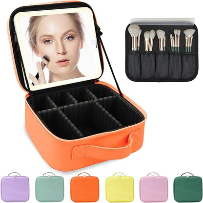 Travel Makeup Bag for Women and Makeup Artists Cosmetic Organizer Large Makeup Case,Travel Makeup Bag with Mirror 3 Color Setting,Portable Storage and Adjustable Dividers(orange)
