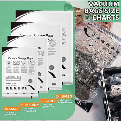 10 Pack Vacuum Storage Bags, Space Saver Bags, Compression for Comforters and Blankets, Sealer Clothes Storage with Hand Pump. (2J/2L/3M/3S)