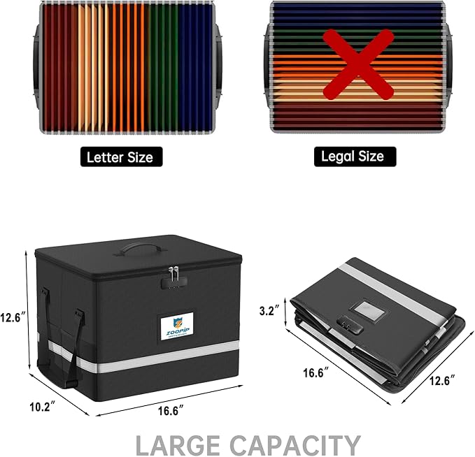 Fireproof File Box with Lock, 5200°F Document Box Storage Organizer, Suitable for Hanging File Folders in Letter Size, Collapsible Box, Reflective Strip for Fast Find (16.6*12.6*10.2, Black)