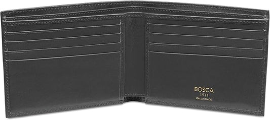 Bosca Men's Old Italian Leather Wallet RFID Blocking Modern Bifold Executive Design 8 Card Slots, Made in Italy - Black