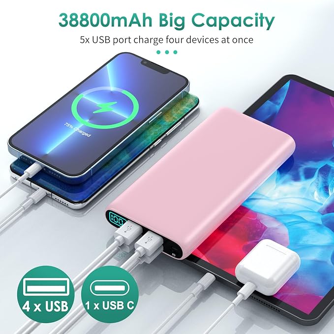 Portable Charger 38800mAh,LCD Display Power Bank,5 USB Outputs Battery Pack Backup, USB-C 3A in&out Travel Essential Portable Phone Charger For iPhone 17/16/15/14/13 Pro/12,Android Samsung Galaxy-Pink