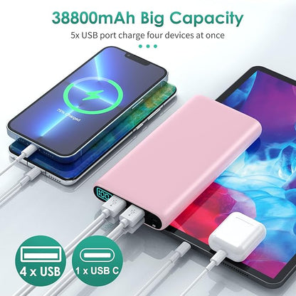 Portable Charger 38800mAh,LCD Display Power Bank,5 USB Outputs Battery Pack Backup, USB-C 3A in&out Travel Essential Portable Phone Charger For iPhone 17/16/15/14/13 Pro/12,Android Samsung Galaxy-Pink