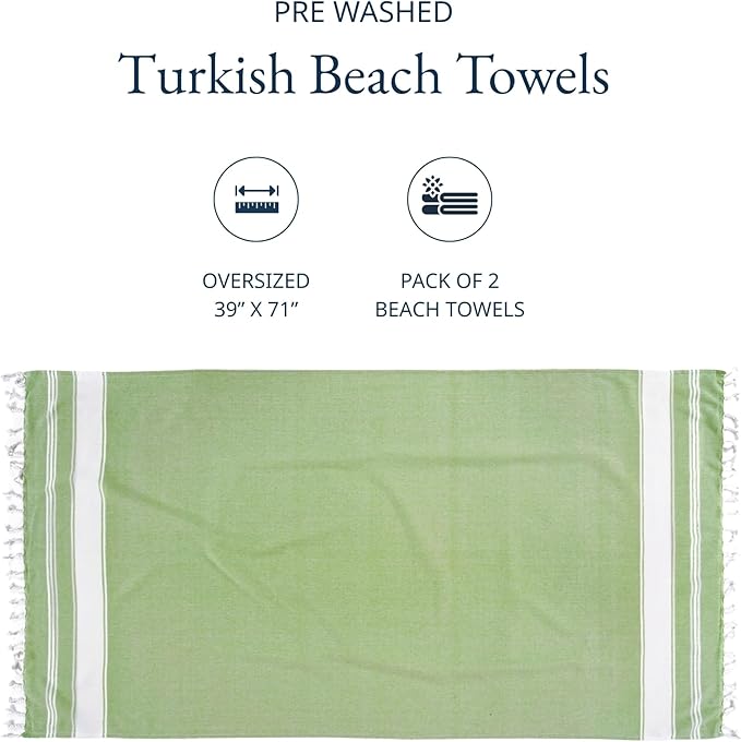 LANE LINEN Turkish Beach Towel 2 Pack, Oversized Beach Towel 39"x71", Lightweight Beach Essentials for Women, Large Pool Towel, Absorbent & Quick Dry, Sand Free Beach Towel - Jade Lime