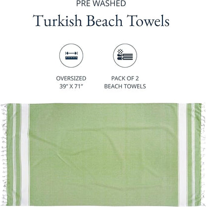 LANE LINEN Turkish Beach Towel 2 Pack, Oversized Beach Towel 39"x71", Lightweight Beach Essentials for Women, Large Pool Towel, Absorbent & Quick Dry, Sand Free Beach Towel - Jade Lime