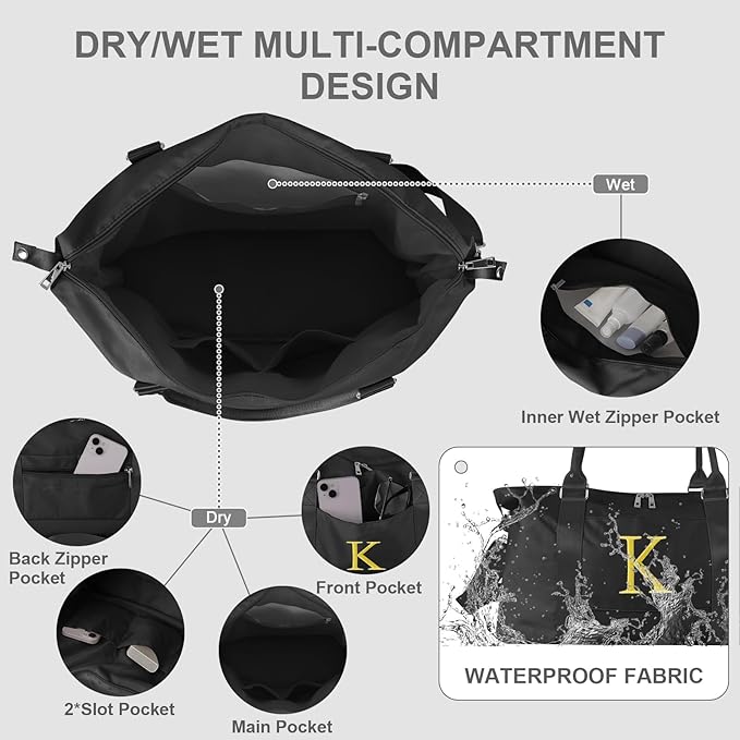 Personalized Initial Gym Dance Bag, Travel Duffel Bag for Teen Girls, Carry On Bag Overnight Weekender Bag with Trolley Sleeve, Birthday Gifts for Women Mom Daughter Graduation Gift(Letter K, Black)