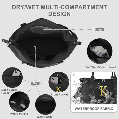 Personalized Initial Gym Dance Bag, Travel Duffel Bag for Teen Girls, Carry On Bag Overnight Weekender Bag with Trolley Sleeve, Birthday Gifts for Women Mom Daughter Graduation Gift(Letter K, Black)